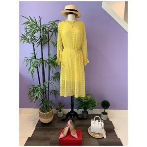 Sunny Yellow Pleated Print Midi Dress w/ tie
